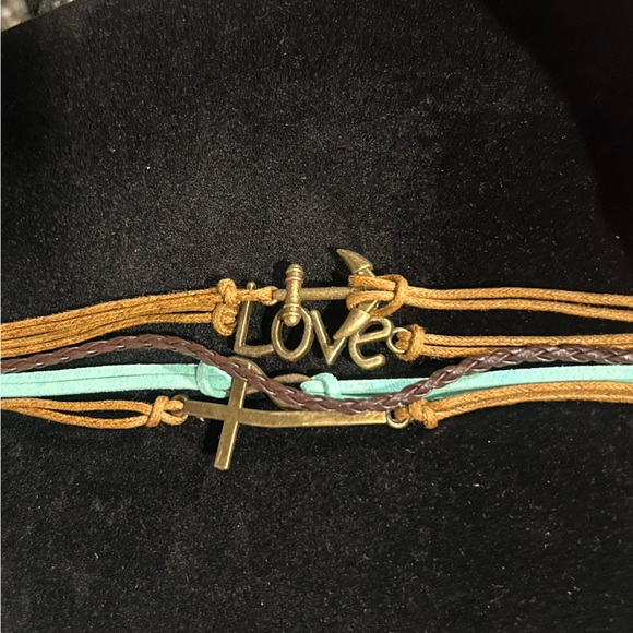 Jewelry - Multistrand Love & Cross Charm Bracelet in Brown and Aqua